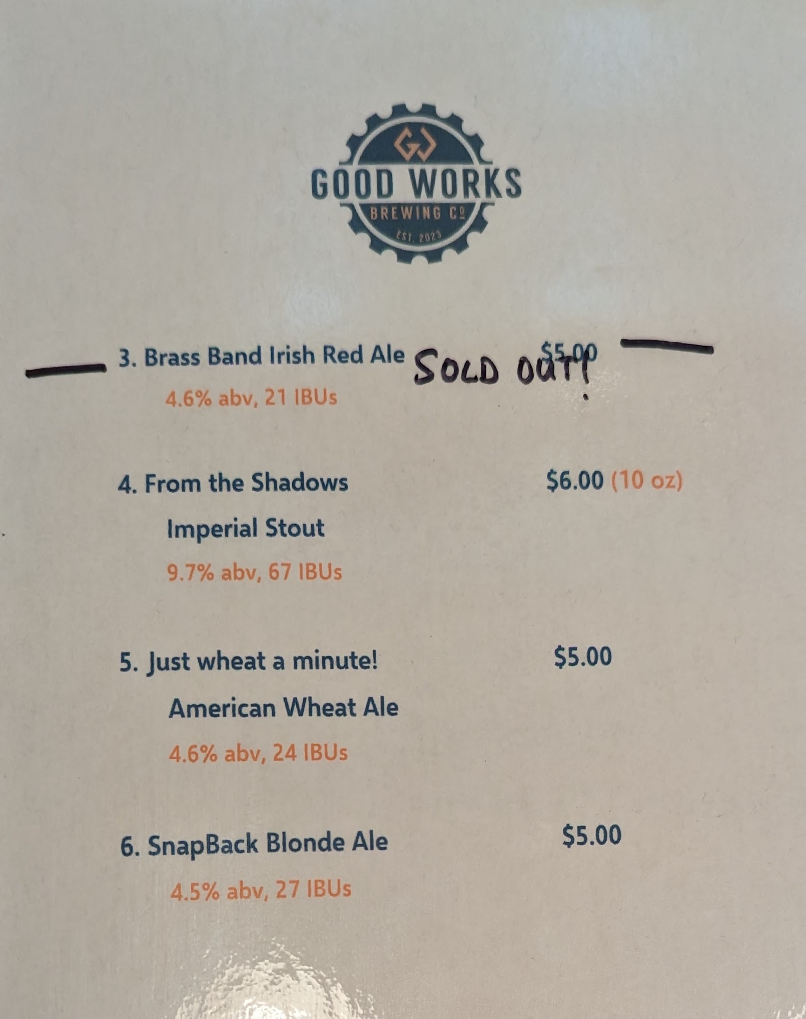 Good Works Brewing Company Menu