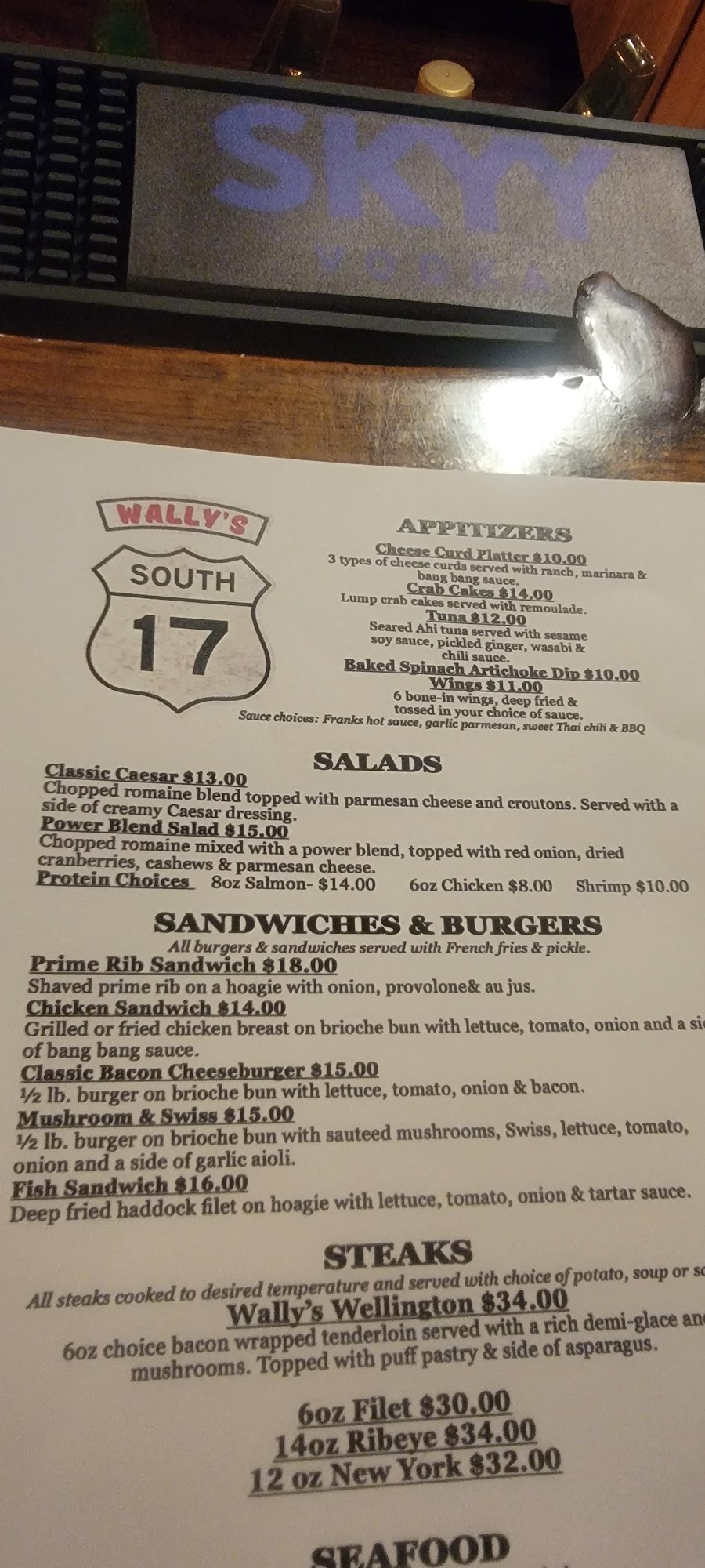 Wally's South 17 Supper Club Menu